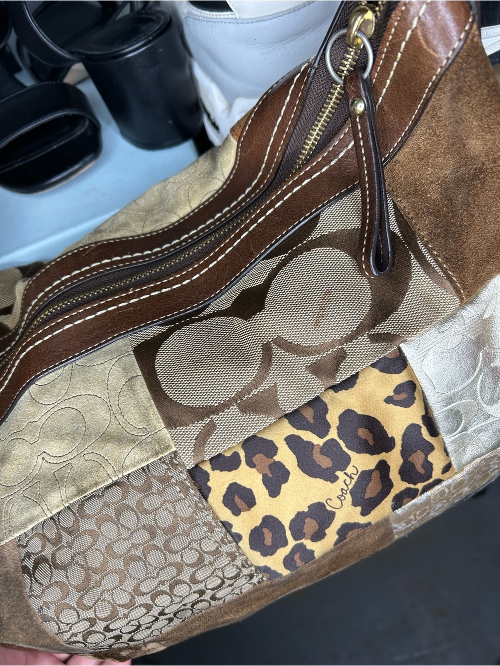 VTG Y2K Coach Patchwork Shoulder Bag Purse Brown Leather Suede Jacquard F12842 - Picture 4 of 11